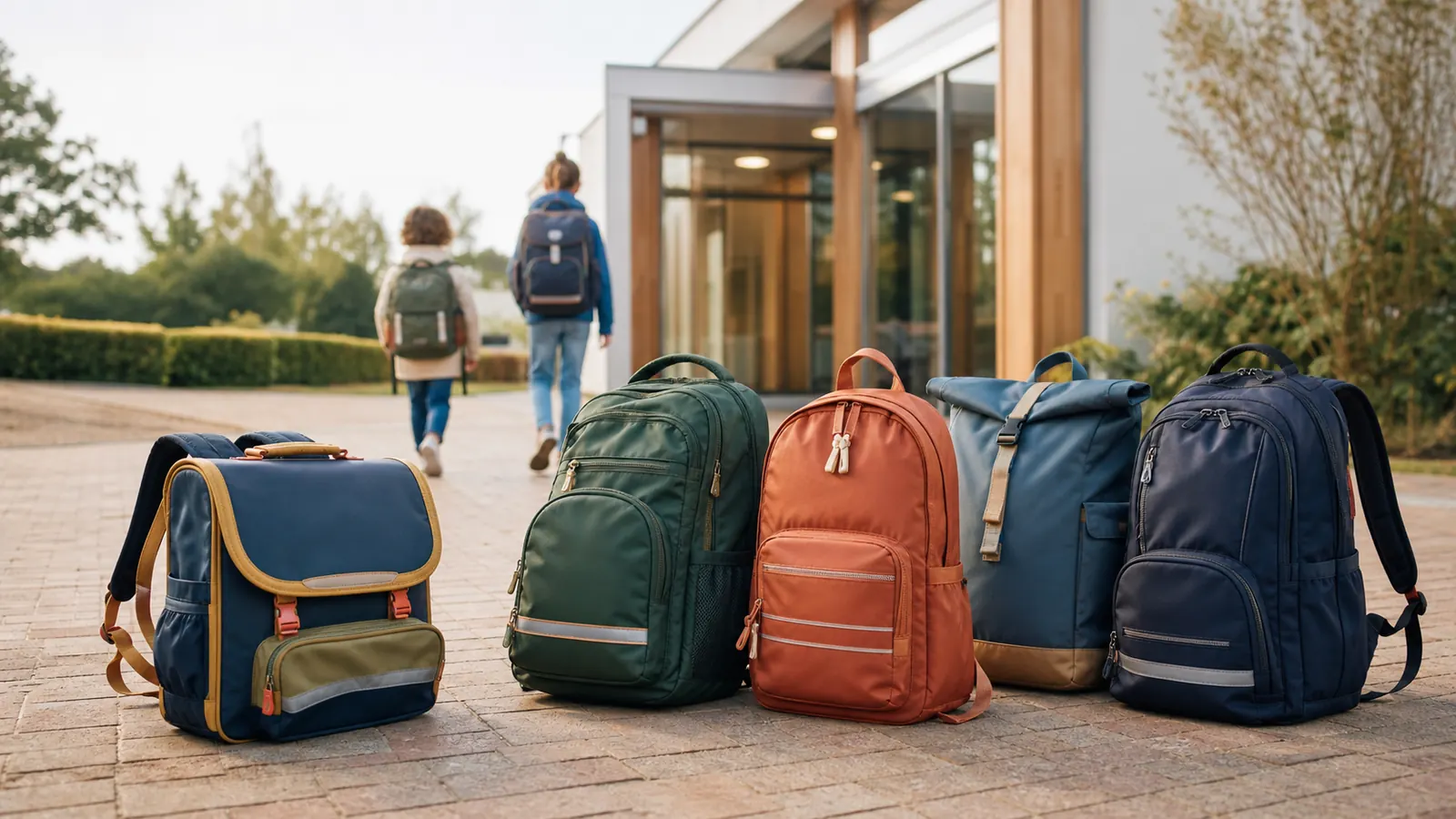 Vijf schoolboekentassen en rugzakken op een rij voor een schoolingang