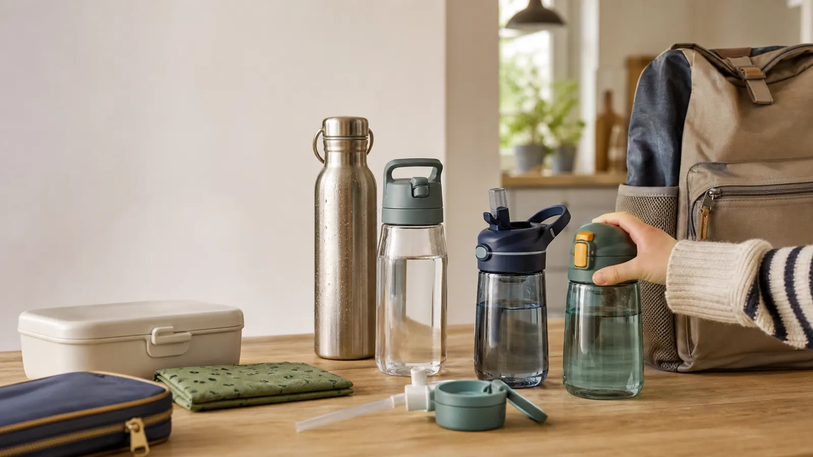 Lekvrije drinkflessen, een brooddoos en boekentas klaar voor school