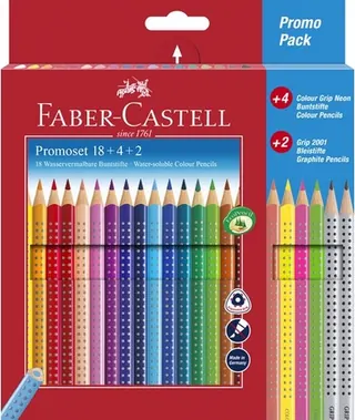 Faber-Castell Color Grip promotieset met 18 kleurpotloden, 4 neonpotloden en 2 grafietpotloden