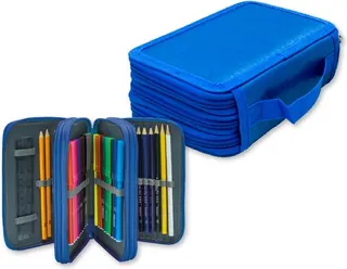 Blauw CreaKit etui 55-delig, open met potloden, kleurpotloden en stiften