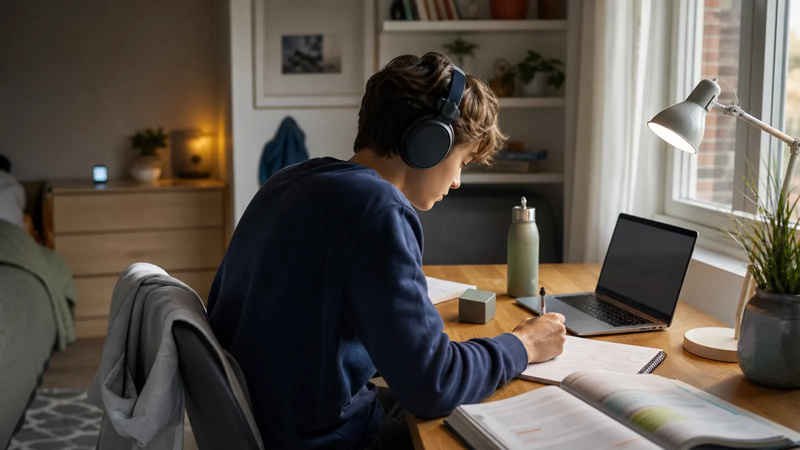 Tiener met koptelefoon studeert geconcentreerd aan een bureau
