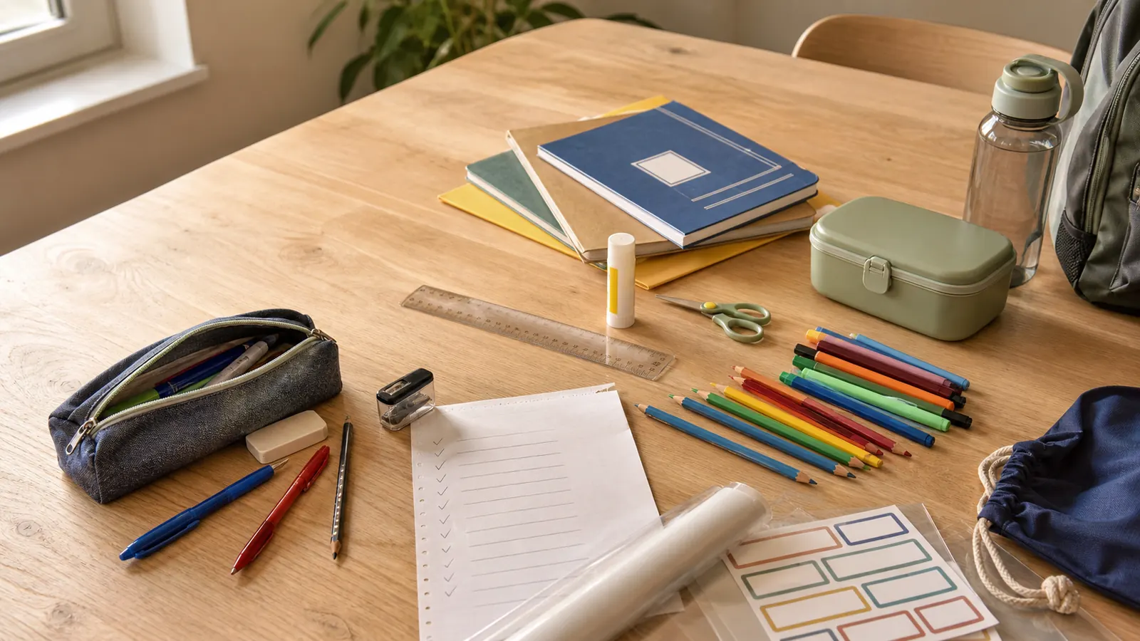 Schoolgerief voor de lagere school: etui, schriften, kleurpotloden, brooddoos en drinkfles op een houten tafel