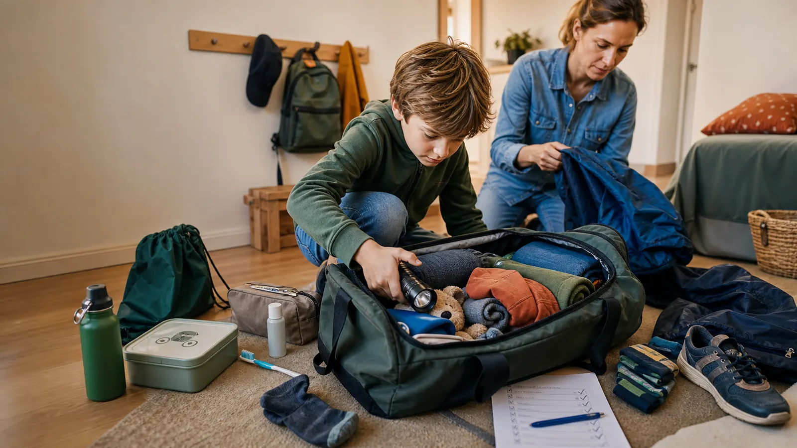Kind en ouder pakken samen een weekendtas in voor een schoolreis